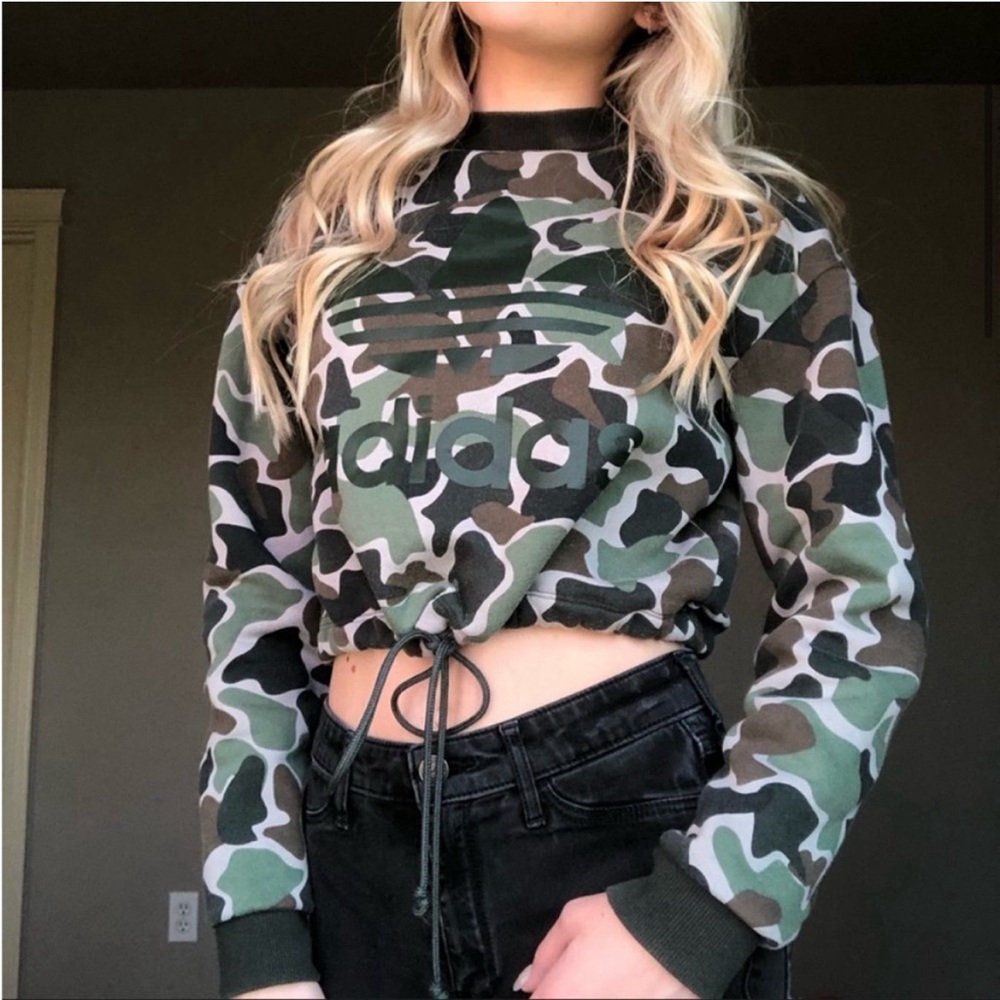 Adidas Green Brown Camo Crop Trefoil Drawstring Sweatshirt Women's size L